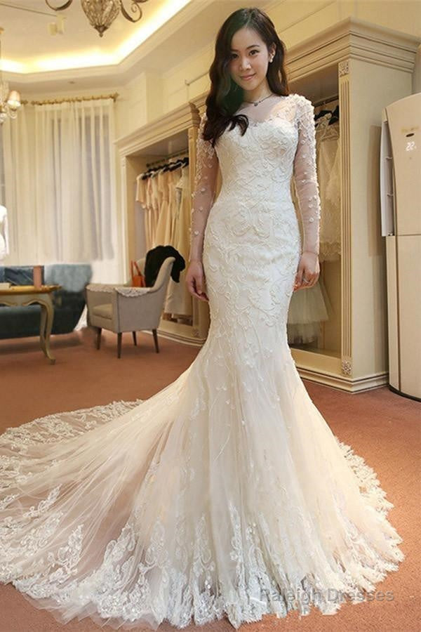 Mermaid Long Sleeves Court Train Wedding Dress With Beading Secondary image