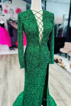 Mermaid Long Sleeves Sequins Green Prom Evening Dresses Lace-Up Neck With Slit
