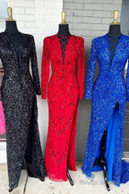 Mermaid Long Sleeves Sequins Green Prom Dress Lace-Up Neck With Slit