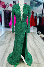 Mermaid Long Sleeves Sequins Green Prom Evening Dresses Lace-Up Neck With Slit