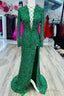Mermaid Long Sleeves Sequins Green Prom Evening Dresses Lace-Up Neck With Slit