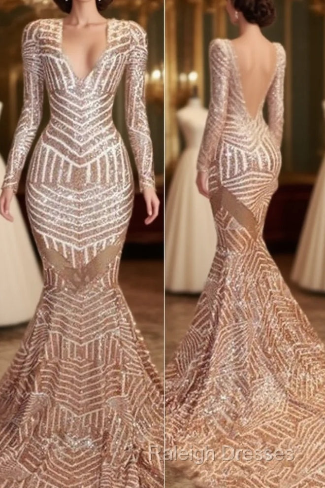 Mermaid Long Sleevess V-Neck Sequined Sweep Train Prom Dress Main image