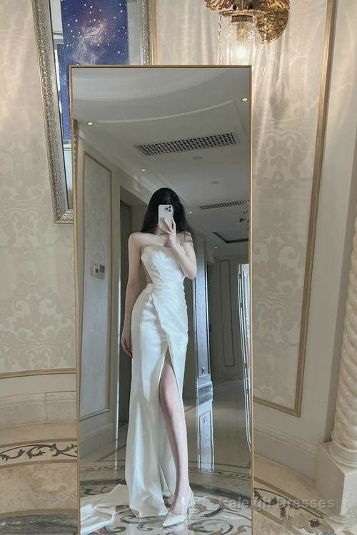 Mermaid Long Slit Prom Dress White Strapless Evening Dress