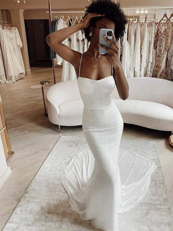 Mermaid Modest Spaghetti Straps Sparkly Long Beach Prom Dress