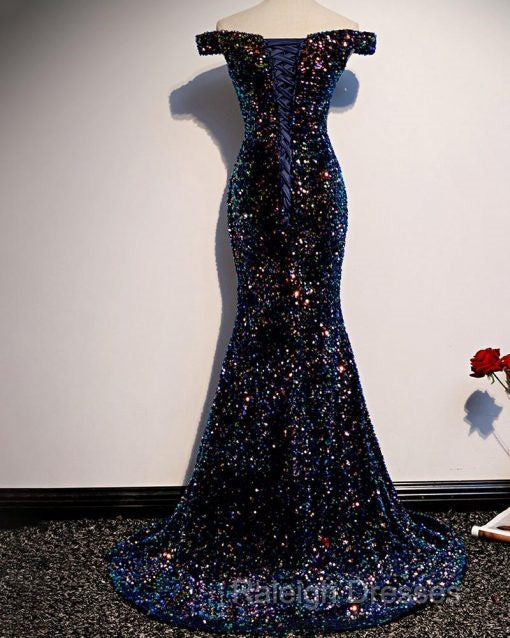 Mermaid Navy Blue Sequins Prom Dresses With Off The Shoulder Top Prom Dresseses