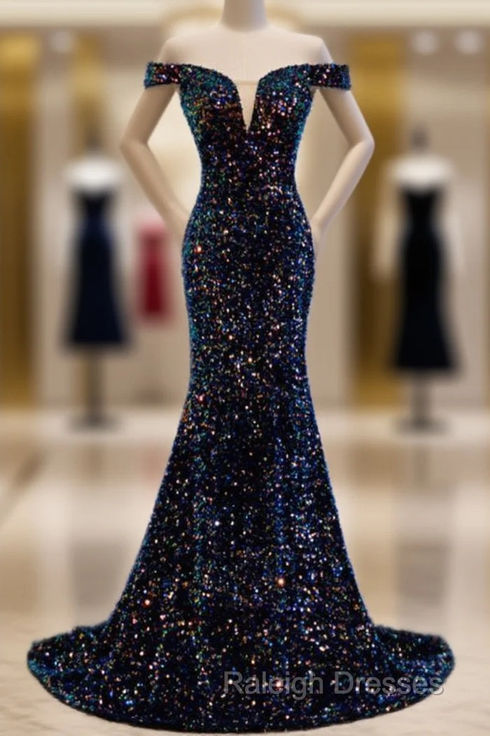 Mermaid Navy Blue Sequins Evening Dress With Off The Shoulder Top Prom Dress Formal Dress