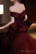 Mermaid Off Shoulder Evening Dress with Bow Burgundy Prom Dress