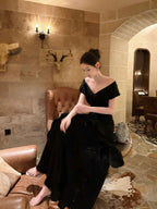 Mermaid Off Shoulder Floor Length Satin Black Formal Prom Dress