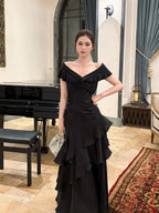 Mermaid Off Shoulder Floor Length Satin Black Formal Prom Dress