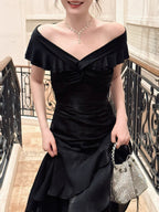 Mermaid Off Shoulder Floor Length Satin Black Formal Prom Dress