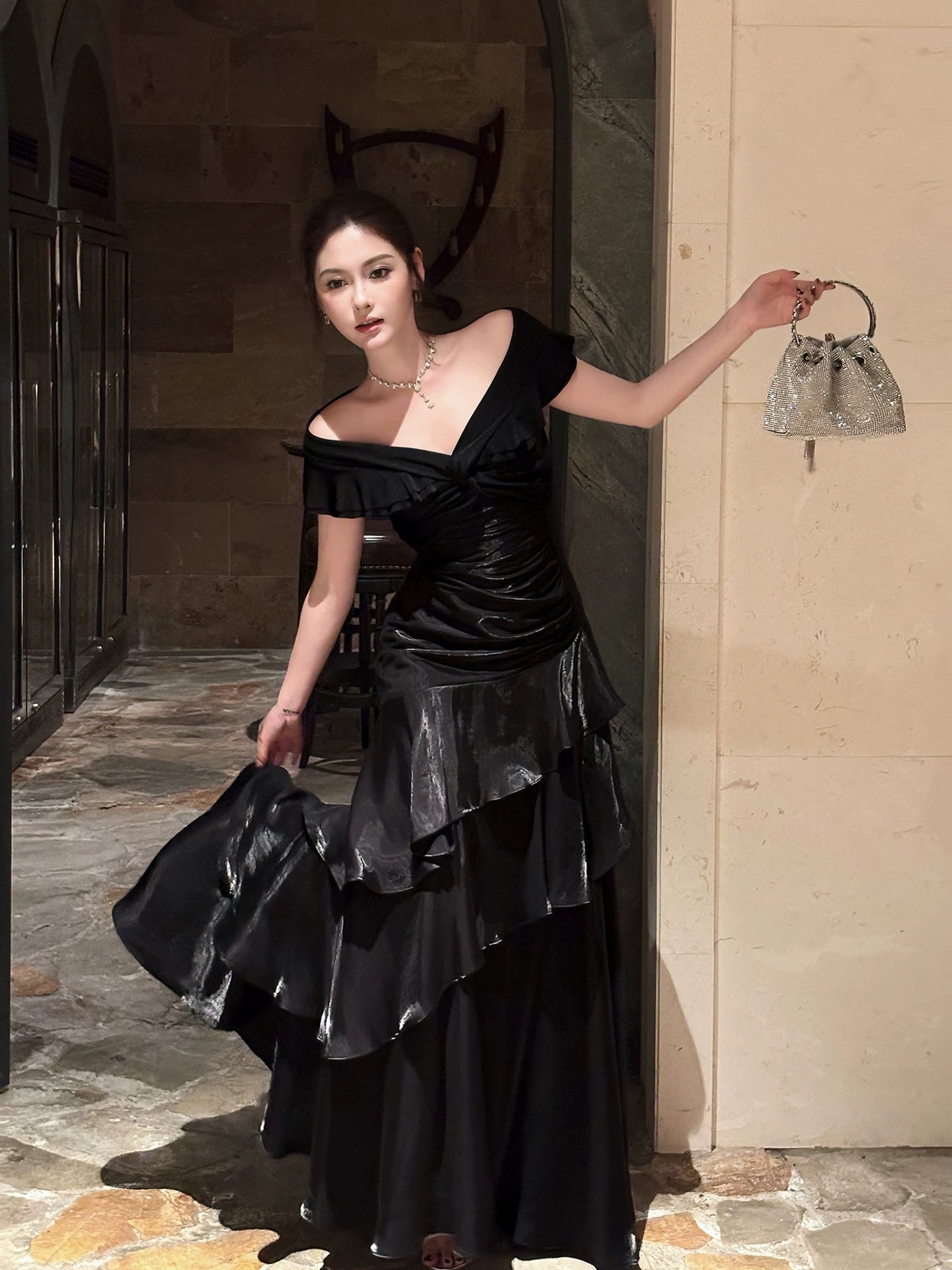 Mermaid Off Shoulder Floor Length Satin Black Formal Prom Dress