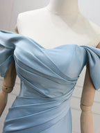 Mermaid Off Shoulder Satin Blue Long Formal Prom Dress, Blue Long Prom Dress