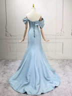 Mermaid Off Shoulder Satin Blue Long Formal Prom Dress, Blue Long Prom Dress