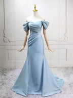Mermaid Off Shoulder Satin Blue Long Formal Prom Dress, Blue Long Prom Dress