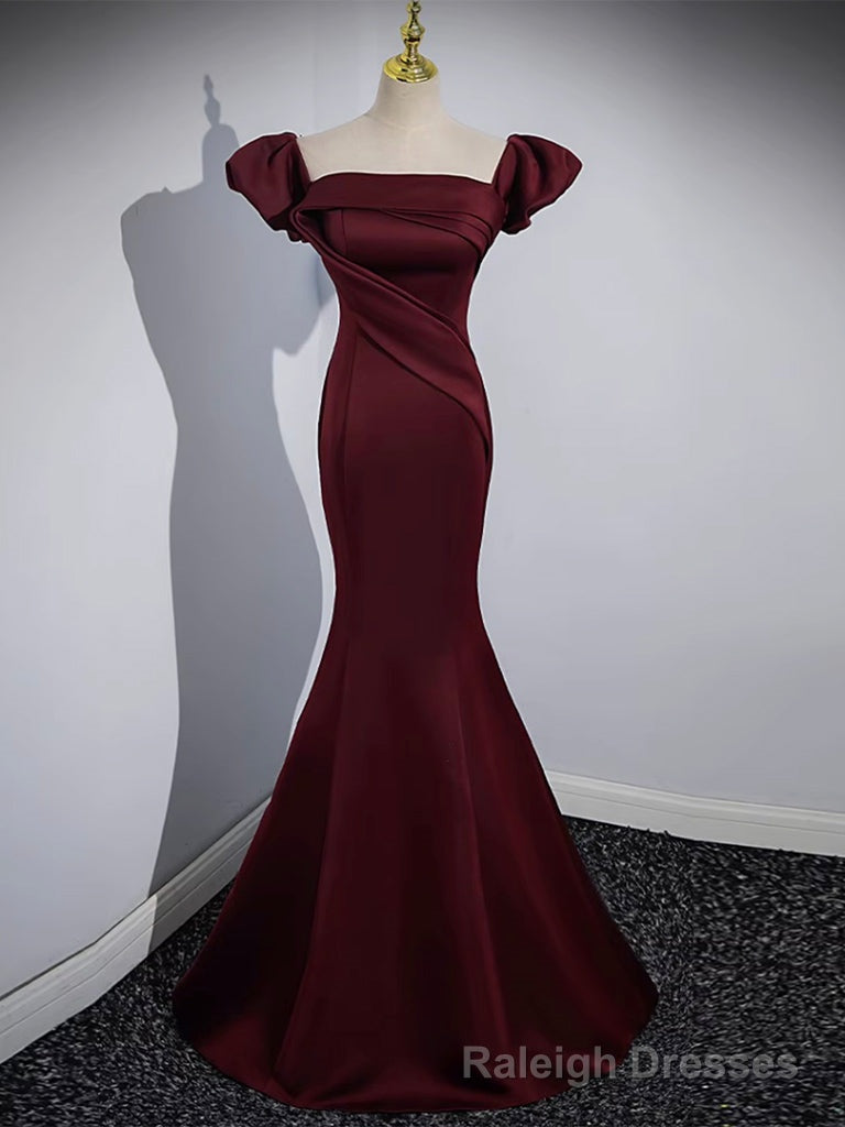Mermaid off Shoulder Satin Burgundy Long Prom Dress, Burgundy Formal Dress
