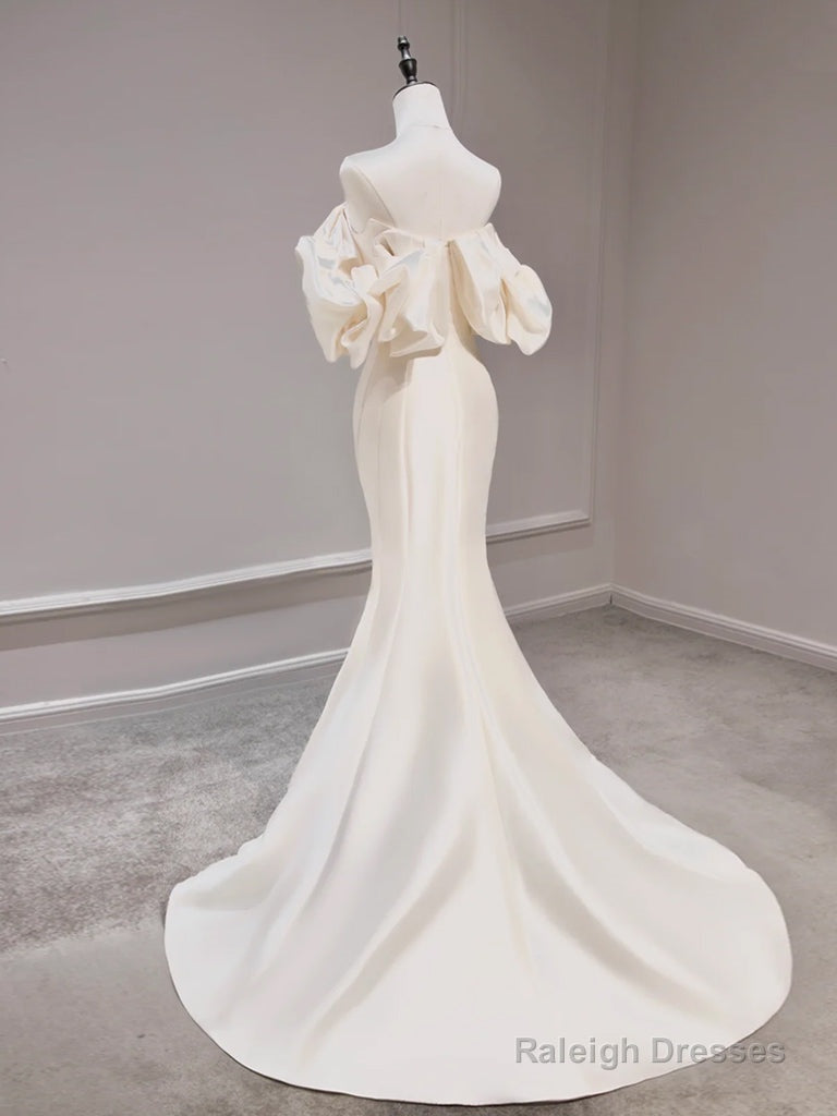 Mermaid Off Shoulder Satin Light Champagne Long Prom Dress, Light Champagne Formal Dress