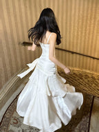 Mermaid Off Shoulder Tea Length Satin White Prom Dress