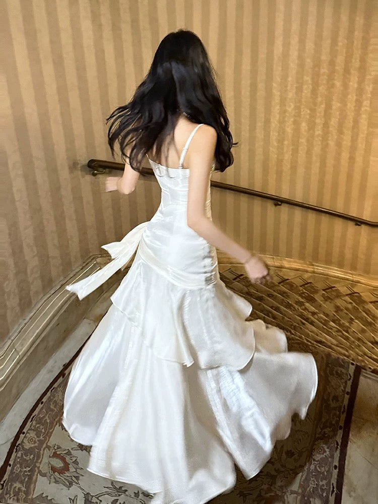 Mermaid Off Shoulder Tea Length Satin White Prom Dress