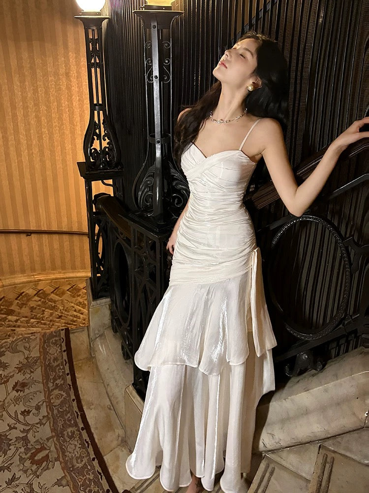 Mermaid Off Shoulder Tea Length Satin White Prom Dress