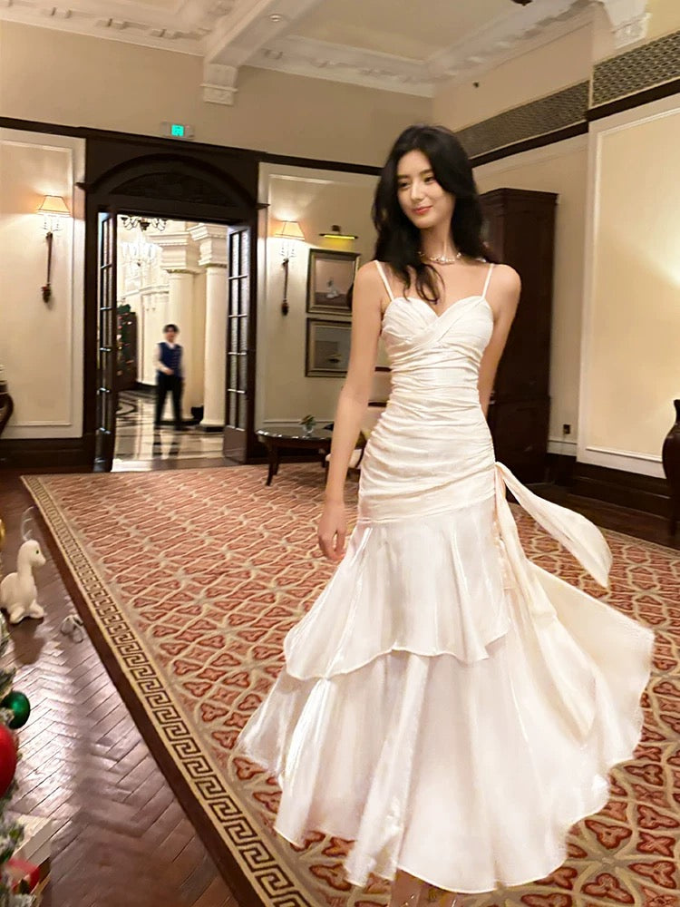 Mermaid Off Shoulder Tea Length Satin White Prom Dress Main image