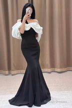 Mermaid Off The Shoulder Black Satin Long Prom Dresses