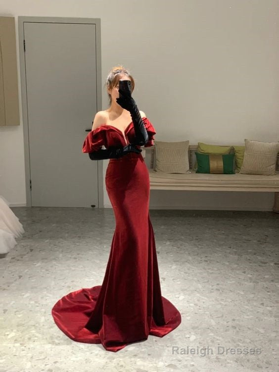 Mermaid Off The Shoulder Burgundy Long Prom Dresses Main image
