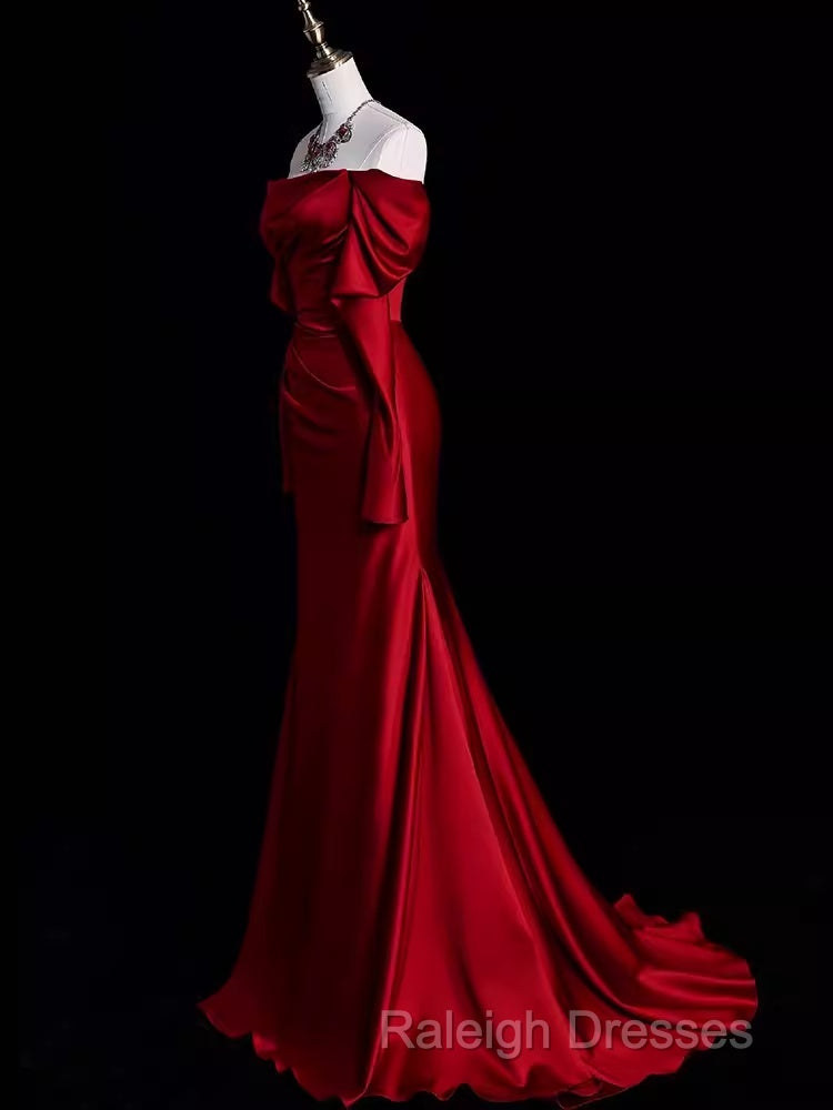 Mermaid Off The Shoulder Burgundy Long Satin Prom Dresses