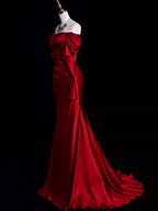 Mermaid Off The Shoulder Burgundy Long Satin Prom Dress