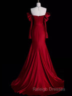Mermaid Off The Shoulder Burgundy Long Satin Prom Dresses