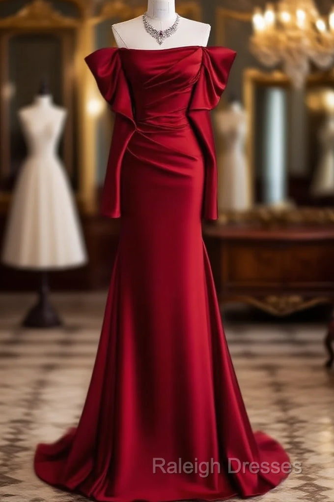 Mermaid Off The Shoulder Burgundy Long Satin Prom Dresses Main image