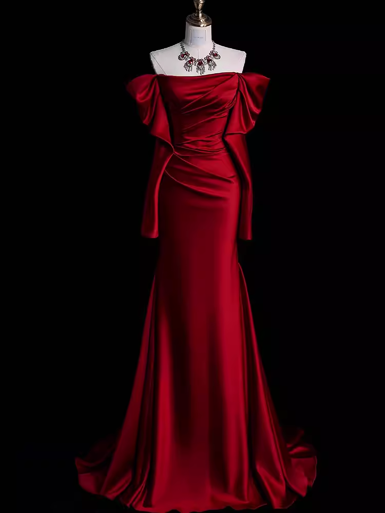 Mermaid Off The Shoulder Burgundy Long Satin Prom Dress Main image