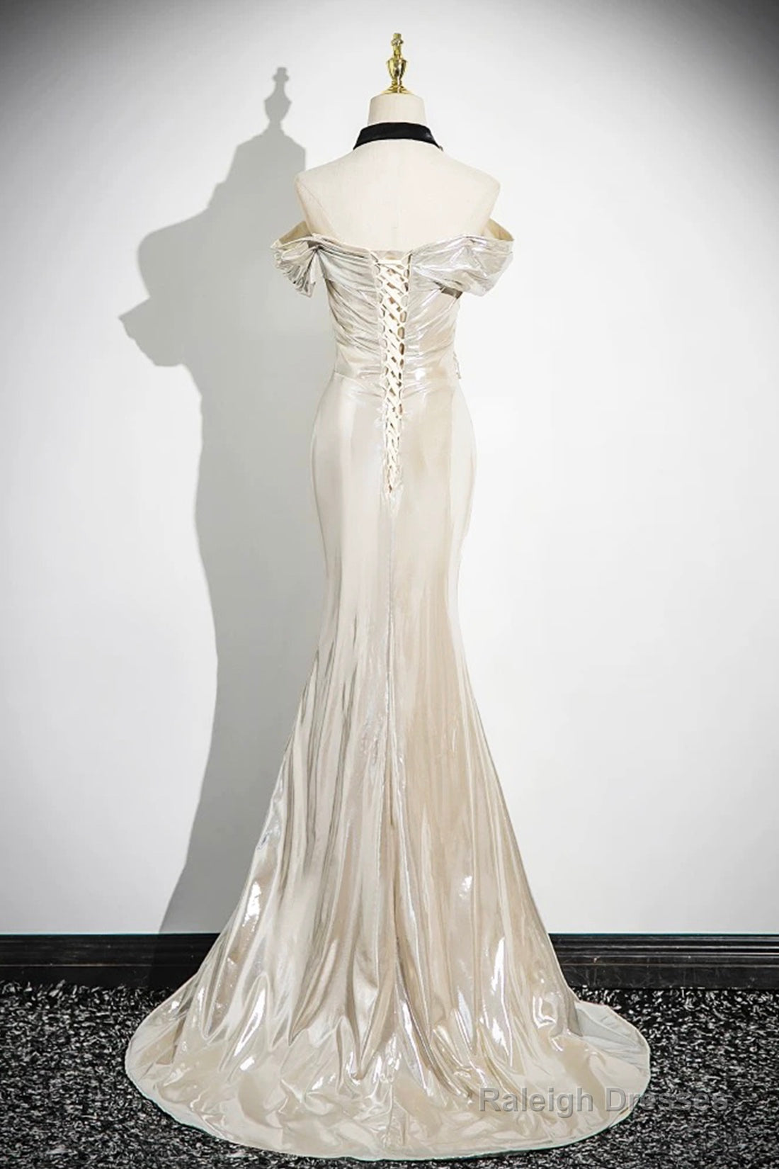 Mermaid Off The Shoulder Floor Length Prom Dress, Shiny Champagne Evening Party Dress Secondary image