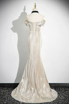 Mermaid Off The Shoulder Floor Length Prom Dress, Shiny Champagne Evening Party Dress