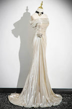 Mermaid Off The Shoulder Floor Length Prom Dress, Shiny Champagne Evening Party Dress