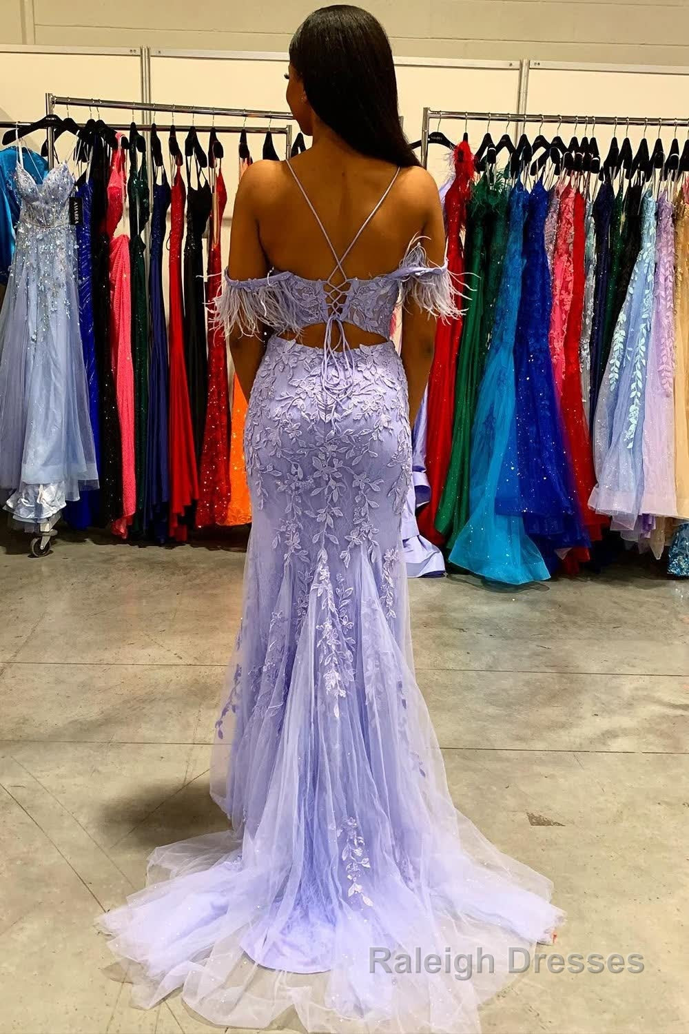 Mermaid Off the Shoulder Lilac Long Prom Dress with Feathers Secondary image