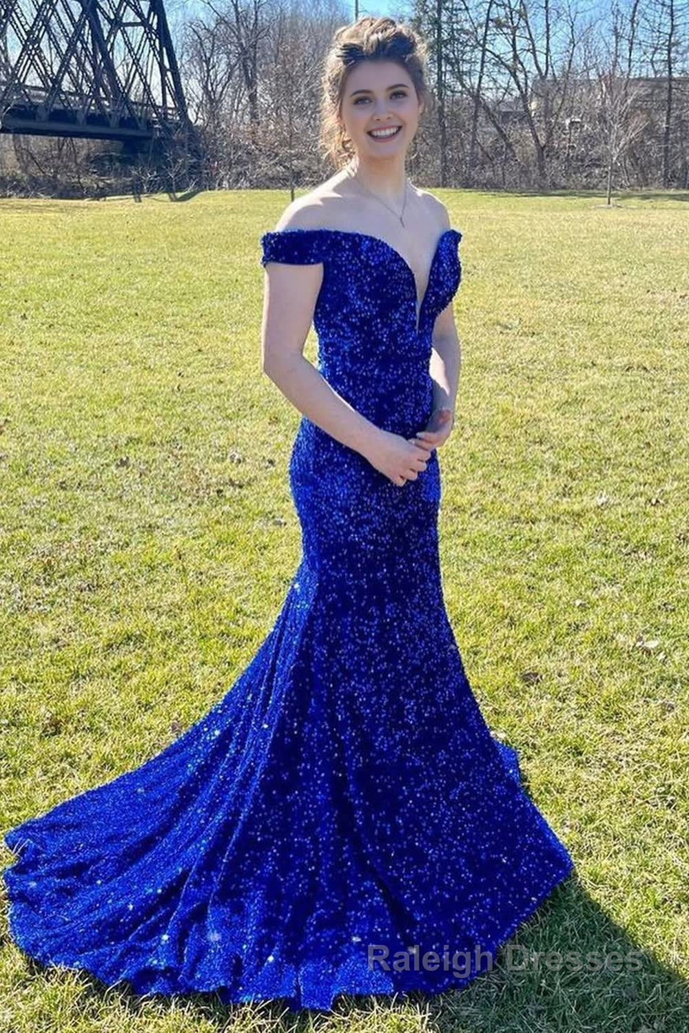 Mermaid Off the Shoulder Royal Blue Sequins Long Prom Dress with Sweep Train Main image