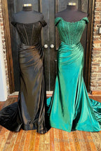 Mermaid Off the Shoulder Satin Prom Dress with Slit