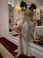 Mermaid Off The Shoulder Sequin Floor Length Prom Dresses With Slit 21St Birthday Outfit