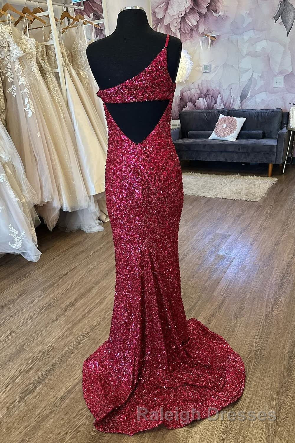 Mermaid One Shoulder Burgundy Sequins Long Prom Dress with Split Front Secondary image