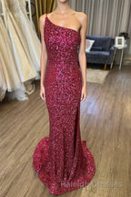Mermaid One Shoulder Burgundy Sequins Long Prom Dress with Split Front