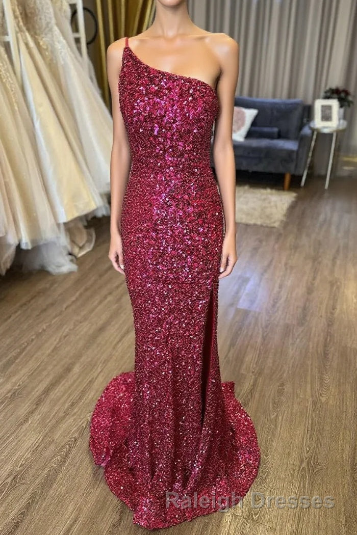 Mermaid One Shoulder Burgundy Sequins Prom Dresses Long with Split Front