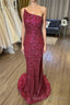 Mermaid One Shoulder Burgundy Sequins Prom Dresses Long with Split Front