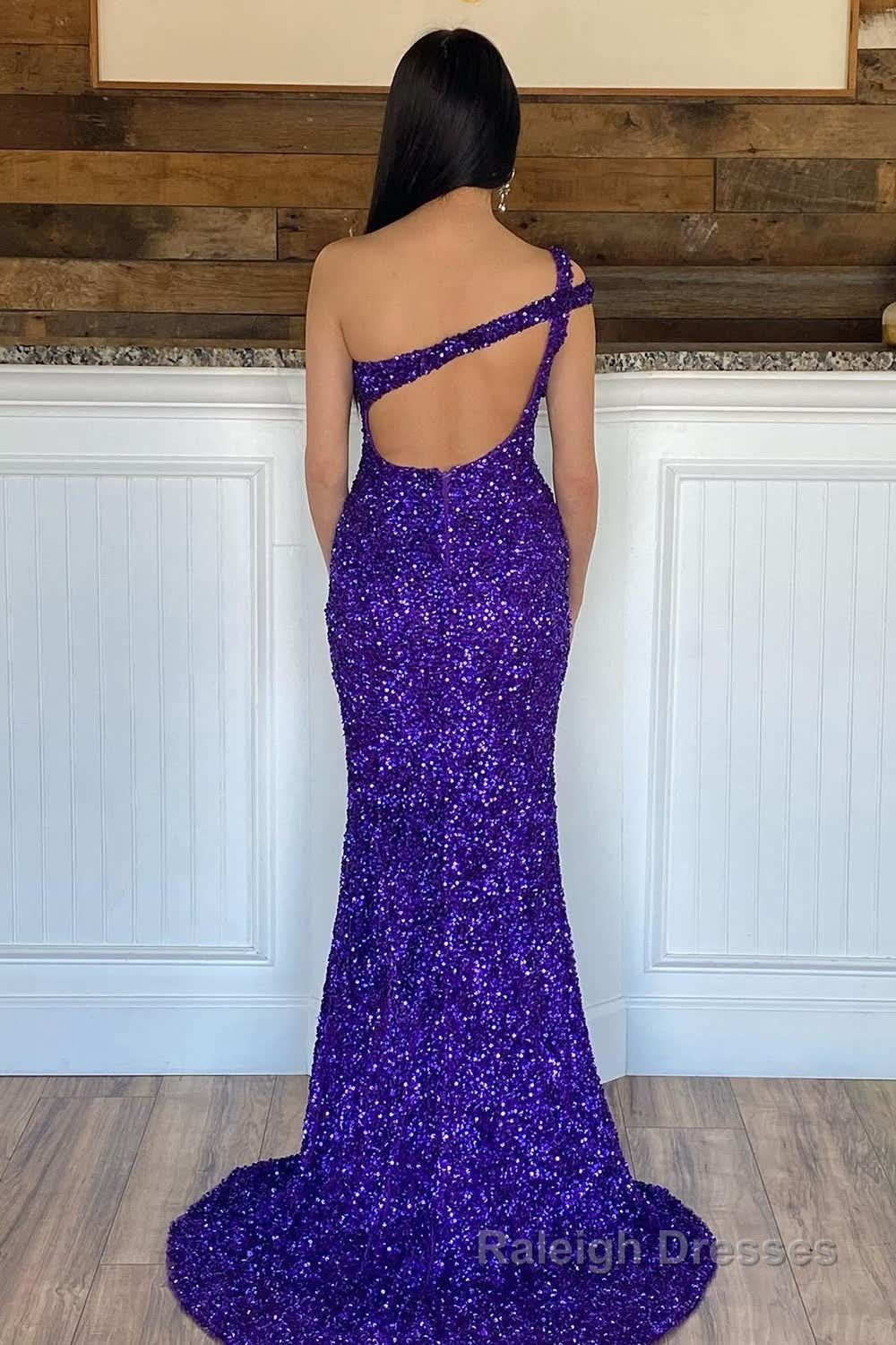 Mermaid One Shoulder Dark Purple Sequins Long Prom Dress Secondary image