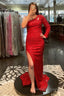 Mermaid One Shoulder Red Sequins Long Prom Dress with Silt