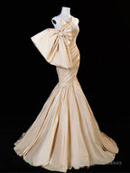 Mermaid One Shoulder Satin Champagne Long Prom Dress, Champagne Long Evening Dress