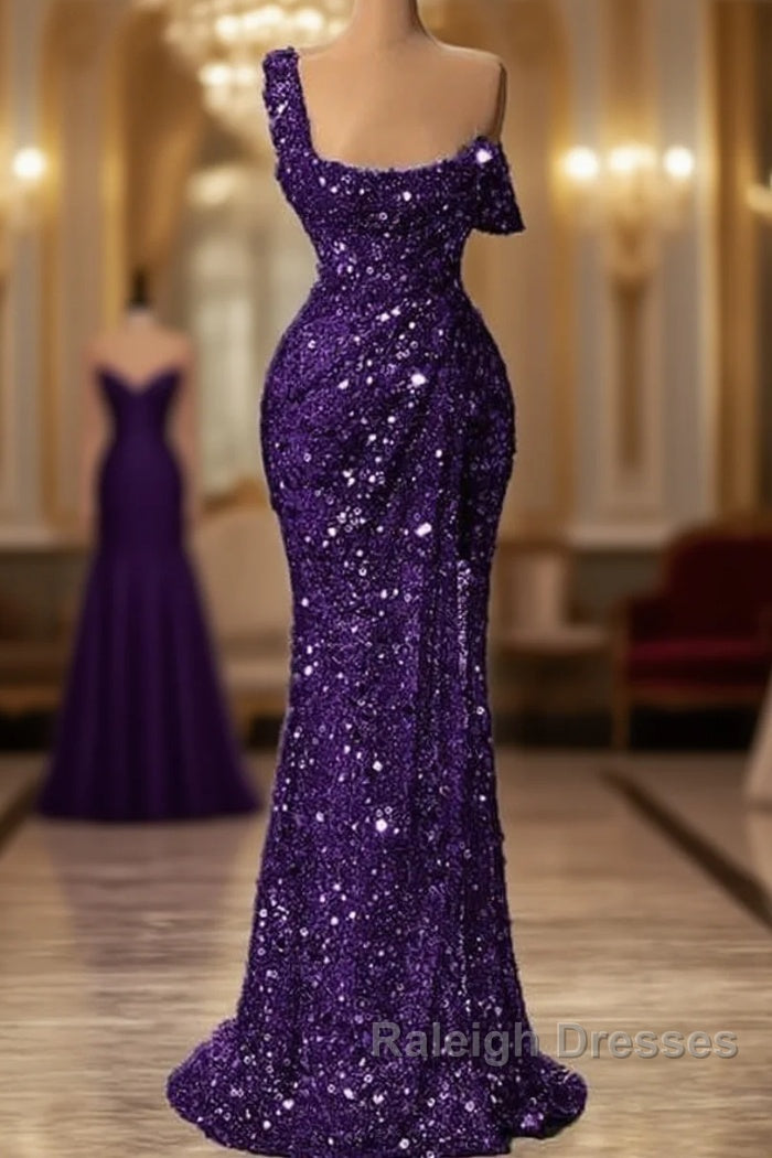 Mermaid One Shoulder Slit Sequin Prom Dresses