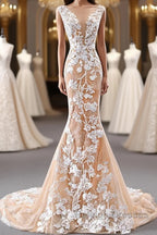 Mermaid Open Back Champagne Lace Long Prom Dresses, Champagne Lace Formal Dresses, Champagne Evening Dresses