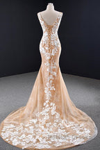 Mermaid Open Back Champagne Lace Long Prom Dress Champagne Lace Prom Dress Champagne Prom Dress