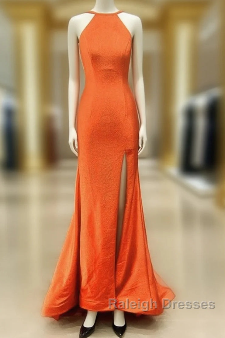 Mermaid Orange Prom Dresses Halter Neck Split