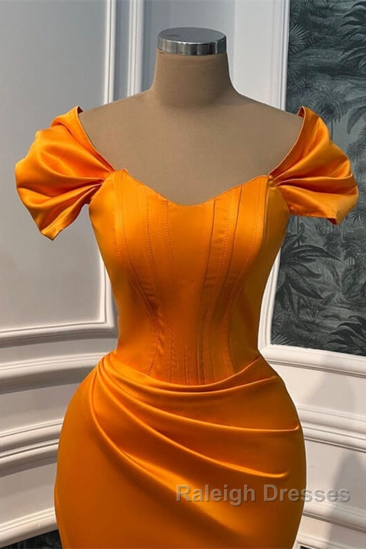 Mermaid Orange Satin Cap Sleeve Slit Dress